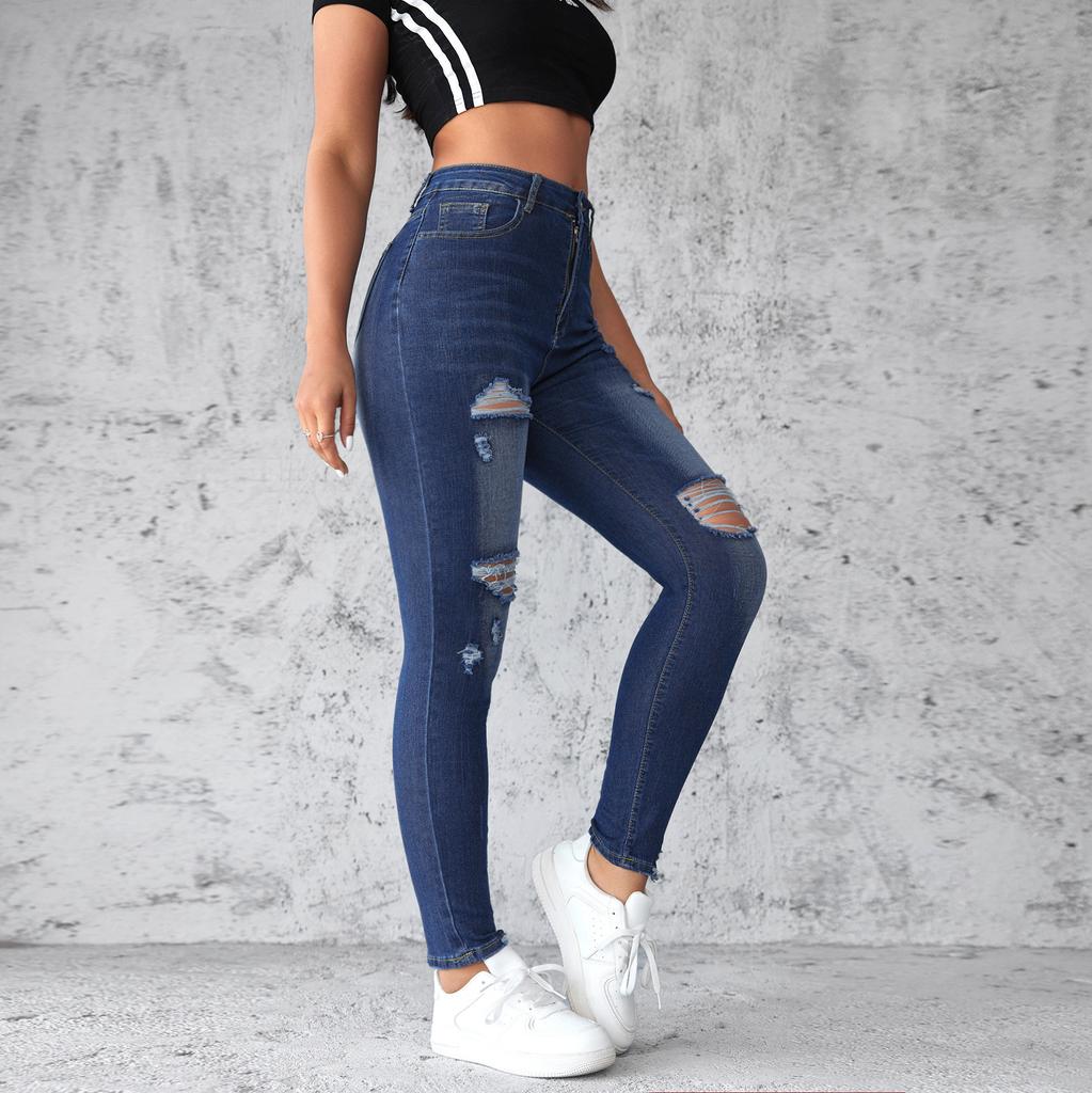 Women's Jeans Stretch Hole Jeans Skinny Lift Hip Pant High Waist Washed Trousers