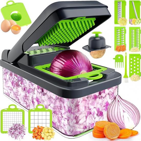 12-in-1 Vegetable Chopper, 7 Blade Veggie Chopper, Practical Food Chopper with Container, Cheese Grater, Home Essentials & Kitchen