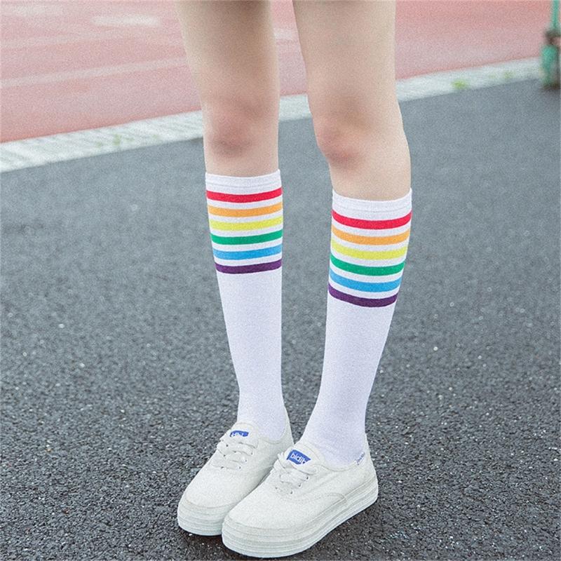 Women School JK Girls Cotton Over Calf Long Socks Japanese Style Rainbow Striped Student Uniform Casual Knee High Socks
