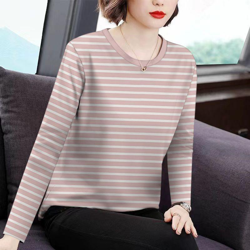 New Style Mother's Clothing, Loose and Versatile, Long-sleeved, Large-size Striped Round Neck, Thin Bottoming Top for Women in Autumn