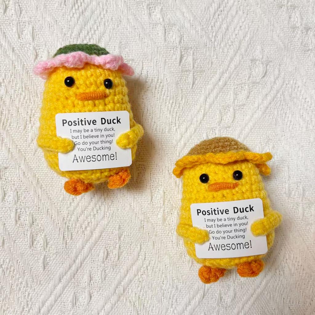 Zabawna Szydełkowa Pozytywna Energia Słonecznik Kaczka Lalka z Kartką Dekoracja Domu Pokoju Ręcznie Robiona Dzianinowa Kaczka Ozdoba na Biurko Prezenty