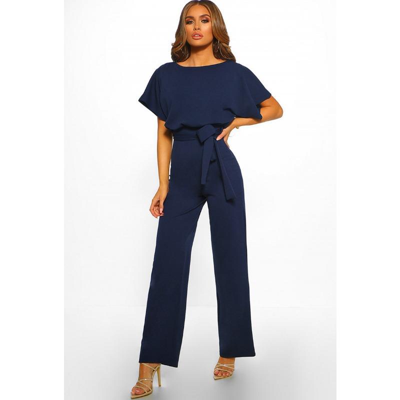 Tuta da donna elegante manica corta cravatta in vita scavata pantaloni larghi estivi solidi tuta tuta pantaloni larghi a gamba larga