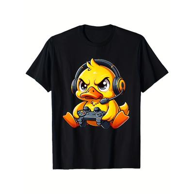 Europäische Größen Lustiges Enten Gamer T-Shirt mit Kopfhörern & Controllern - Retro Gaming Grafik-T-Shirt für Herren