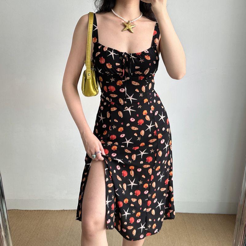 

Go Girl Go Homemade Fashion Style Chest Strap Seaside Print Suspender Skirt Summer Mid Length Long Length Split Dress Black(Actual inventory) S