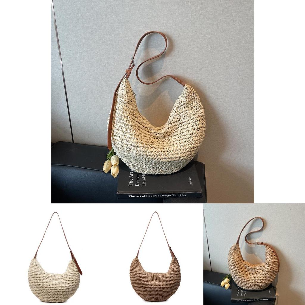 Simple Solid Color Dumpling Shaped Women Casual Shoulder Woven Crossbody Bag For Summer Beach Casual Wear