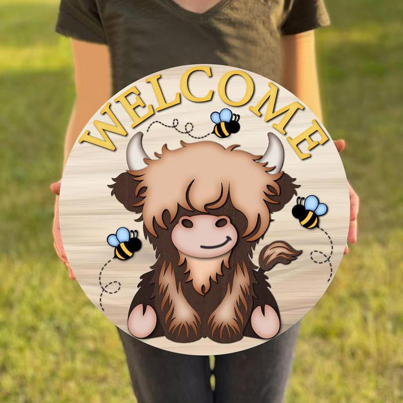Highland Cow Bedroom Decor Highland Cow Wooden Sign Seasonal 11.8Inch Rustic Wood Door Sign For Porch Holiday Decoration