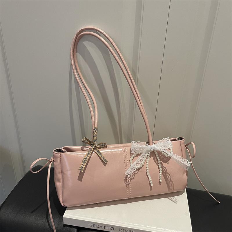 Simple Solid Color Pu Shoulder Bags for Women Sweet Bow Thread Design Ladies Underarm Bag Casual Versatile Female Pillow Handbag
