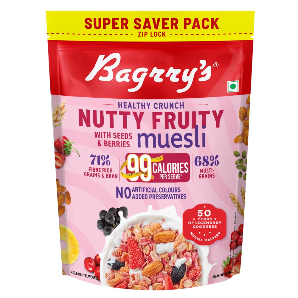 Bagrry s Crunchy Nutty Fruity Muesli with Seeds & Berries 1kg | 78% Fruit, Nuts, Seeds & Multigrains | 99 Calories per serve | Rich in Fibre & Prot