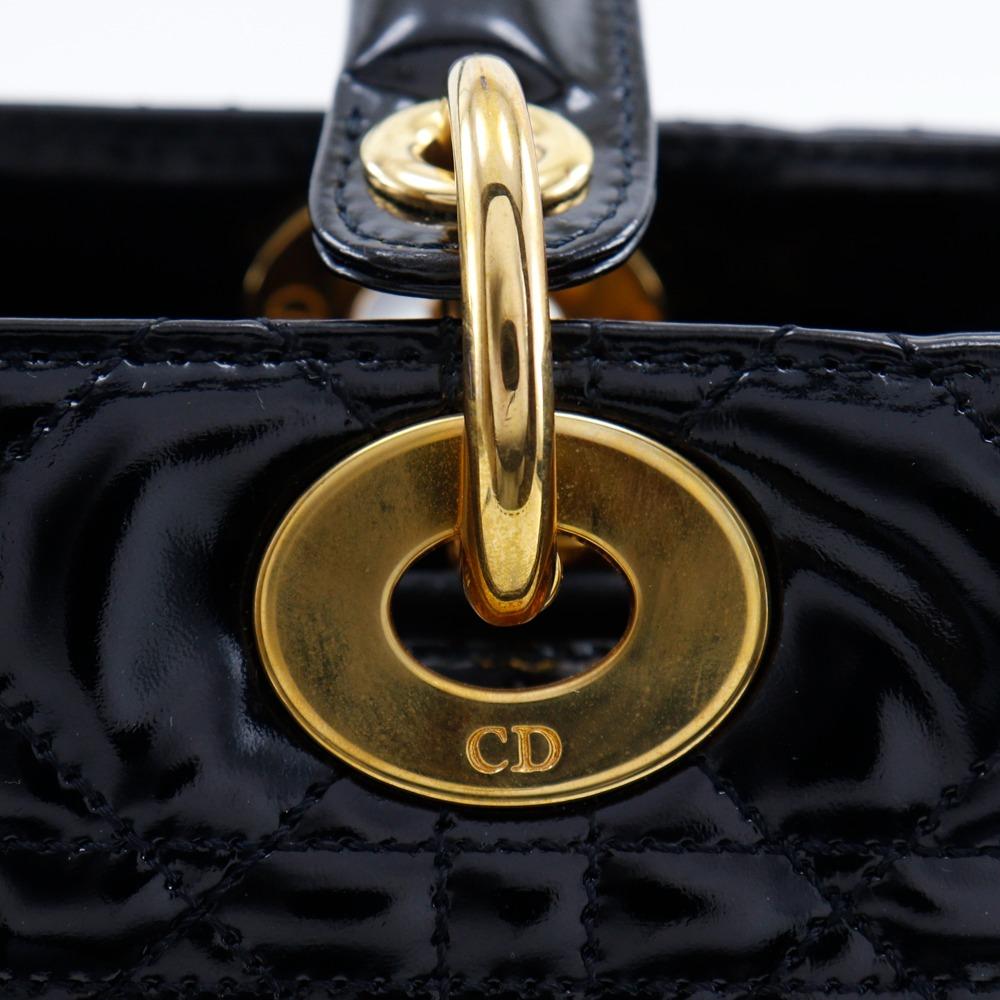 Dior Lady Dior Medium Handbag Canage Black Patent Leather Women Used