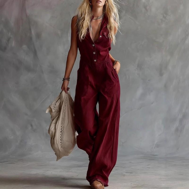 2026 Linnenmix Mouwloze V-hals Jumpsuit Hoge Taille Rechte Pijp Romper Dames Casual Straatkleding