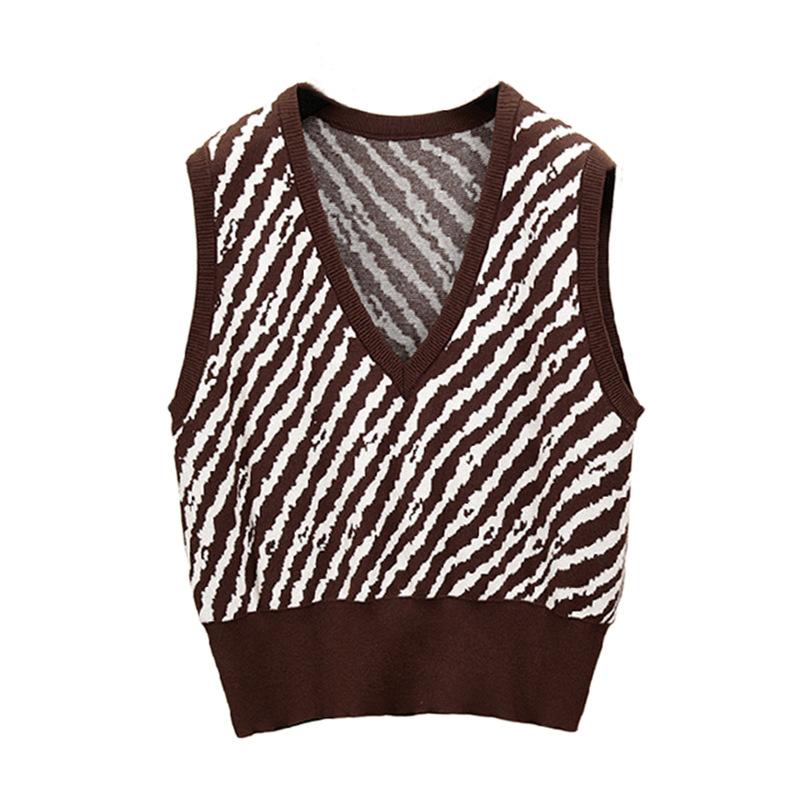 European and American Sleeveless Vest Vest Women's Striped V-neck Loose Sweater Zebra Pattern Animal Pattern Fashion Cross-border Knitted Sweater