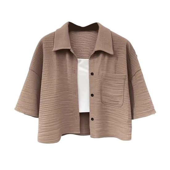 

Women Shirt Lapel Half Sleeve Single Breasted Shirt Tops Short Type Casual Shirt with Patch Pocket Daily Wear S хаки