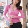 Women V Neck Wrap Long Sleeve Knit T Shirt Slim Ribbed Fitted Basic Casual Blouse Top