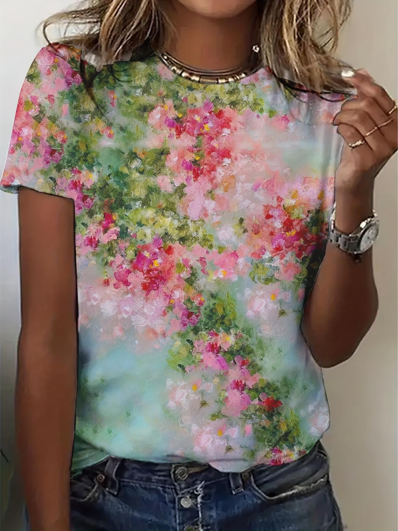 

Oil Painting Gradient Floral Print T-Shirt for Women. Featuring Artistic And Fresh Casual Short Sleeves - Vivid Floral Brushstroke Details. Comfortabl S дубильна кора