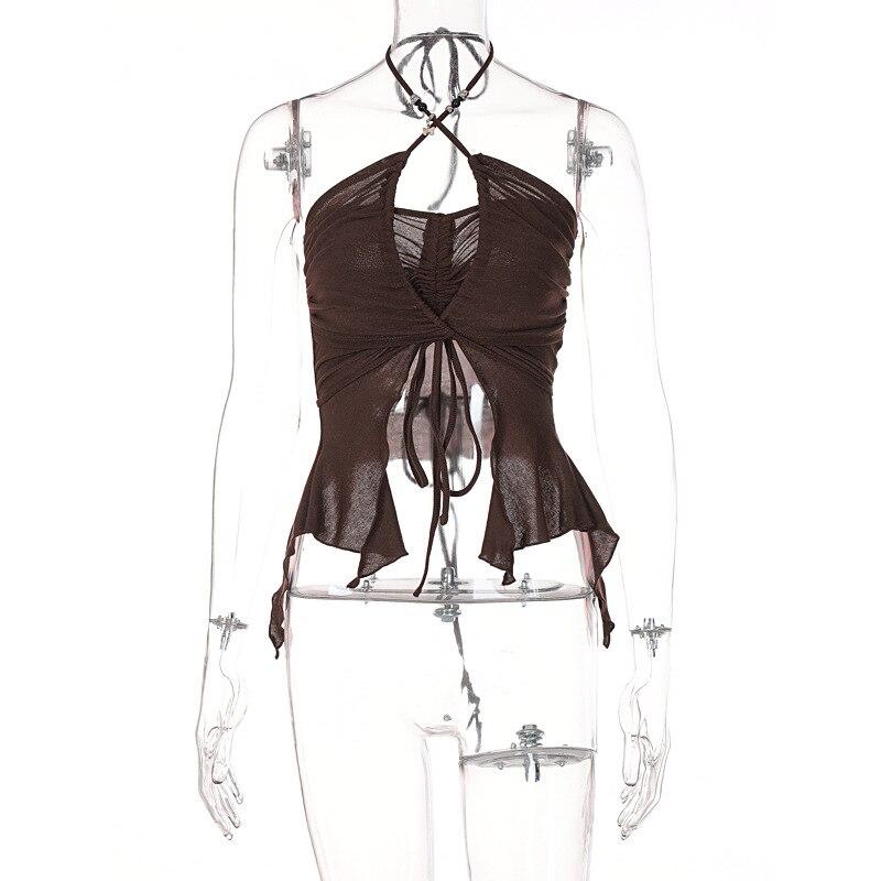 

Сексуальные облегающие футболки с лямкой на шее, женские летние топы с открытыми плечами и открытой спиной, однотонные модные футболки для девочек Y2K L коричневый