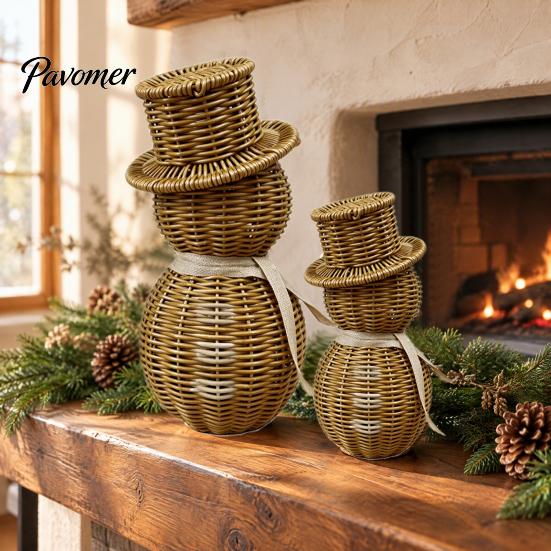Indoor Christmas Shelf Decorations Faux Rattan Snowman Figurine, Rustic Farmhouse Statue with Bow, Reusable Holiday for Indoors Hand-Woven Wicker