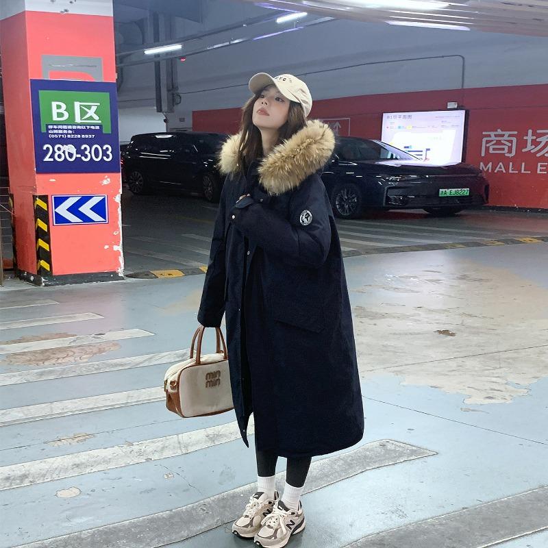 

Длинное пальто выше колена с большим меховым воротником, пирог, новое женское свободное утолщенное хлопковое стеганое пальто в стиле милитари XXL тёмно-синий