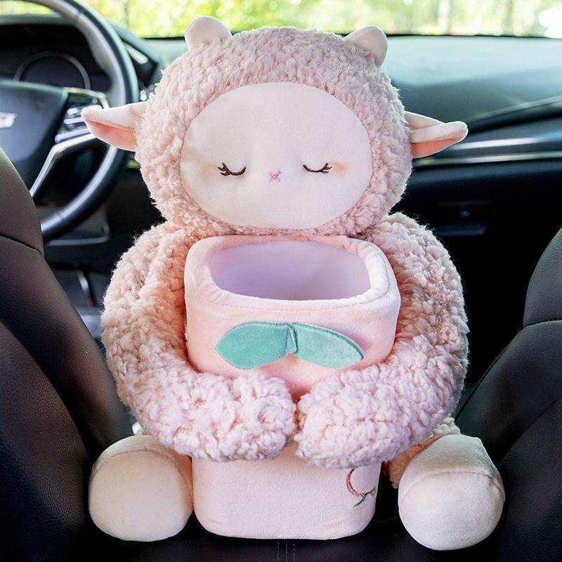2 In1 Cute Cartoon Car Tissue Box With Ashcan Creative Plush Tissue Box Holder Auto Armrest Box Car Garbage Can for car interior