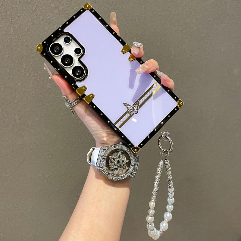 Suitable for Samsung S25 Ultra Mobile Phone Case Light Luxury Feng Shui Rhinestone Butterfly with Hanging Chain New S24 Protective Case