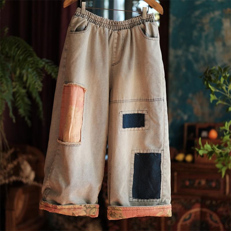 Johnature Pantaloni da donna vintage in denim a gamba larga Patchwork PATCH Pantaloni larghi Inverno Elastico in vita più Pantaloni caldi in cotone