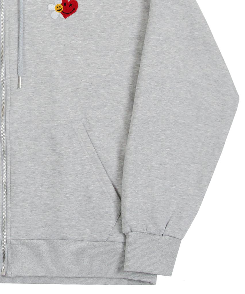 Graver [Unisex] Flower Heart Half Smile Embroidered Zip-Up Hoodie_Gray