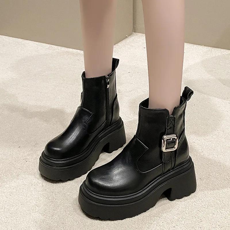 

Женские ботильоны, новые женские кожаные короткие ботинки на платформе, высокие каблуки, зимние теплые плюшевые ботинки на толстом меху для снегоступов, женские 39 чёрный