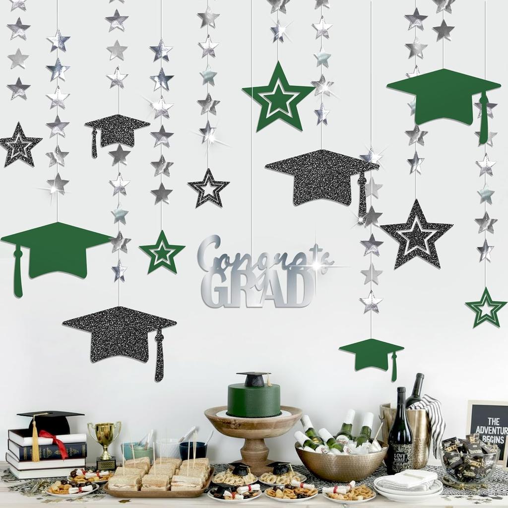 Cheerland 2025 Graduation Banner Party Decorations Green Graduation Cap Garland Kit Congrats Grad Supply for Prom Backdrop Decoration Ceiling Decor