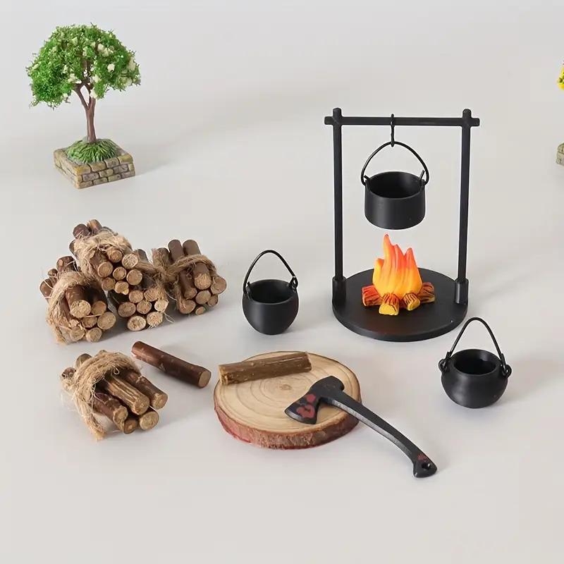 Miniature Campfire and Teapot, Modern Fantasy-themed Miniature Sculpture Decorations, Home and Kitchen DIY Craft Accessories