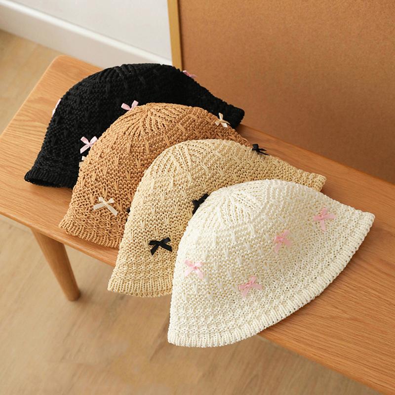 Stylish Foldable Uv Protection Straw Bucket Hat With Mini Bow Handmade Beach Sun Hat For Women Vacation Outdoor Activities