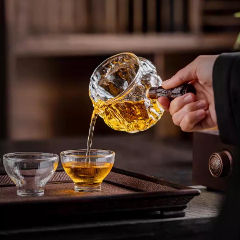 Chinese Kung Fu Tea Sea Teapot Glass Teacup Coffee Milk Pot, Wooden Handle, Glass Teapot