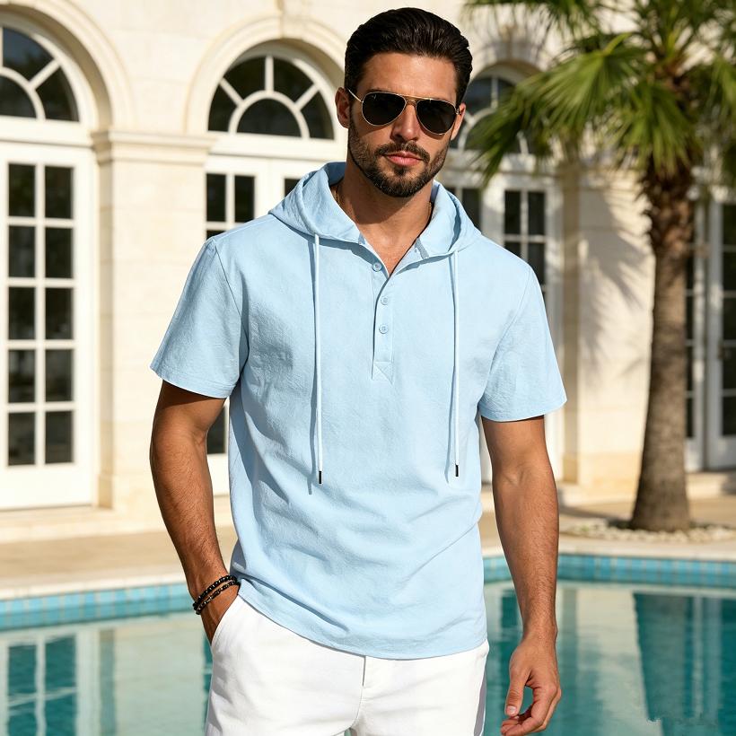 Men's Linen Short Sleeve T-Shirt Beach Casual Hooded Shirt Pure Color Shirt Comfortable Lightweight Breathable Summer Top