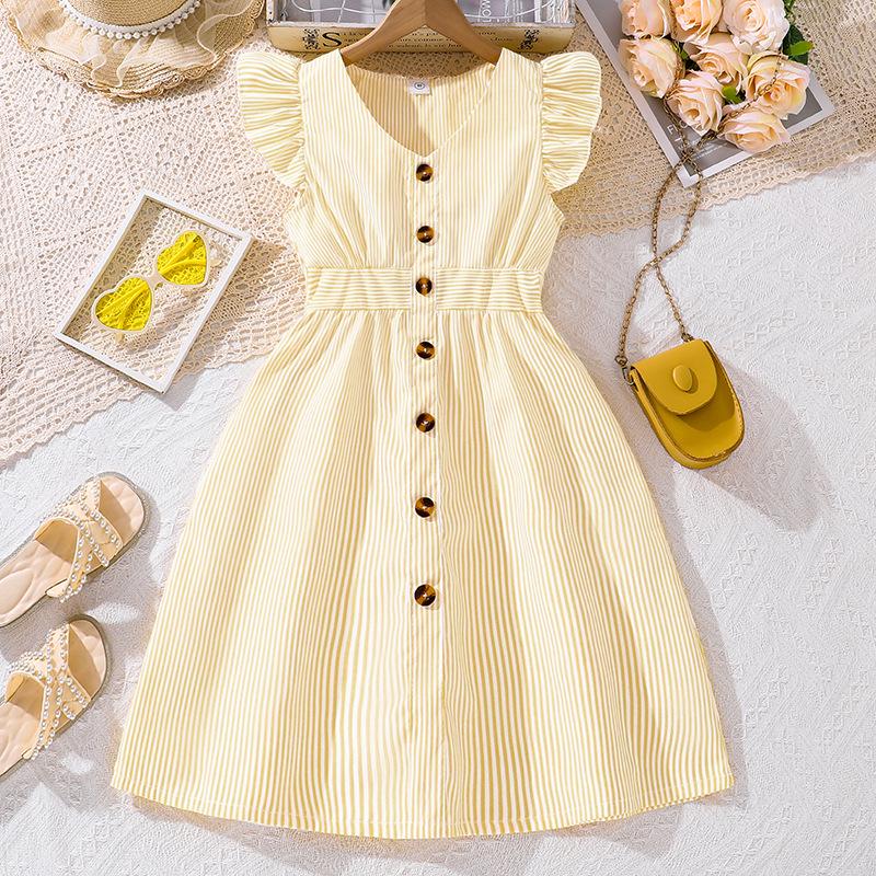 2025 Girls' Summer Striped Princess Dress with Fly Sleeves