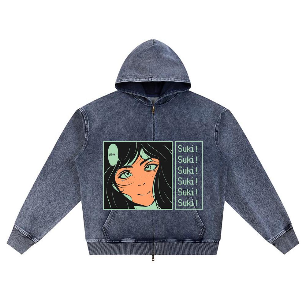 

DTG print Knitted Denim Zip-Up Hoodie anime streetwear 22 Brother Print Zipper Hoodies XL