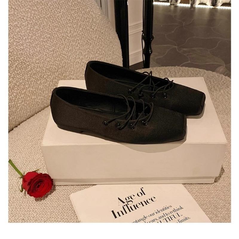 Sheepskin version~ inner heightening women's shoes satin square head blue ballet shoes flat Mary Jane shoes light mouth single shoes women