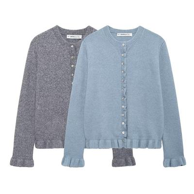 Damenmode Einfarbig Gerüscht Einreihig Gestrickter Pullover Vintage O-Ausschnitt Lange Ärmel Damen Schick Damenoberteile