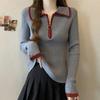 Zipper Lapel Knit Sweater Women Autumn Winter Pullover Color Blocked Long Sleeved Slim Knit Top Female Bottoming Shirt
