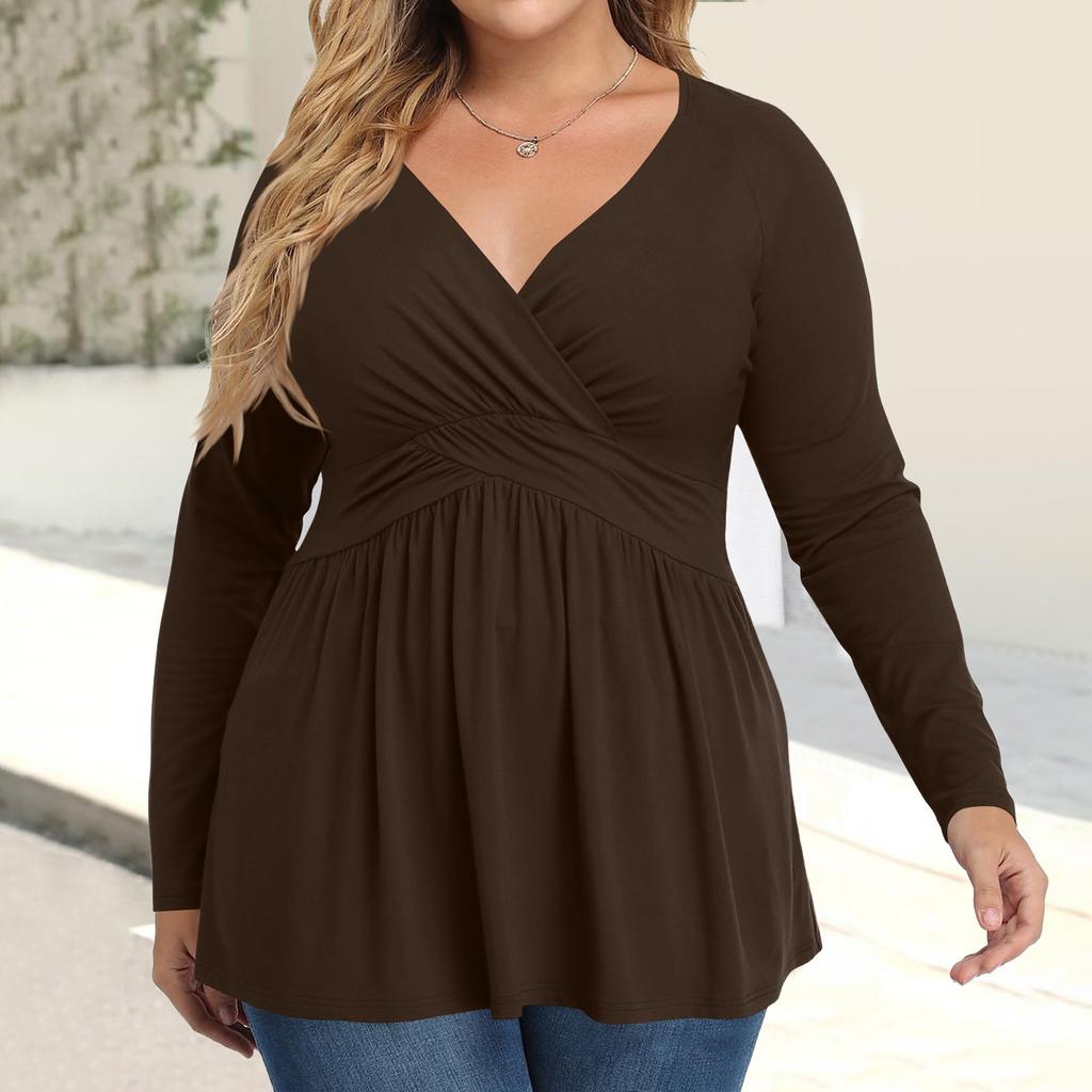Women's Plus Size Shirt Long Sleeve Solid Color Top Pleated Casual V-Neck Top