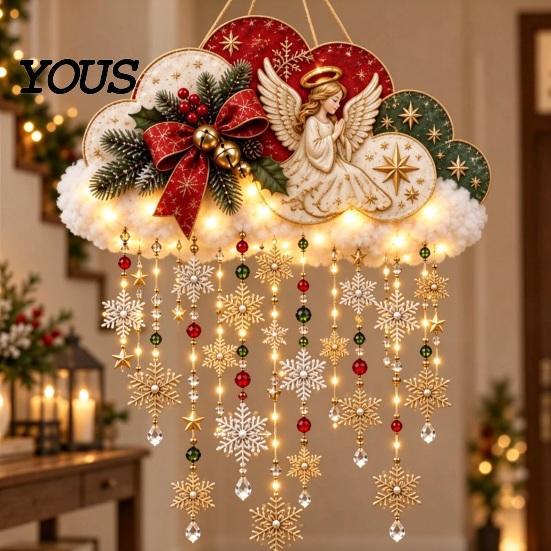 Winter Party Hanging Decor Vintage Lighted Christmas Snowfall Cloud, Cascading Snowflake Light with Reindeer/Angel, Holiday Gift for Home LED Lantern