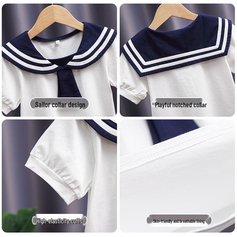 Dívčí bavlněné tričko s námořnickým límcem ve vysokém korejském stylu - Krátký rukáv, Letní móda pro malé dívky, Velikost 6
