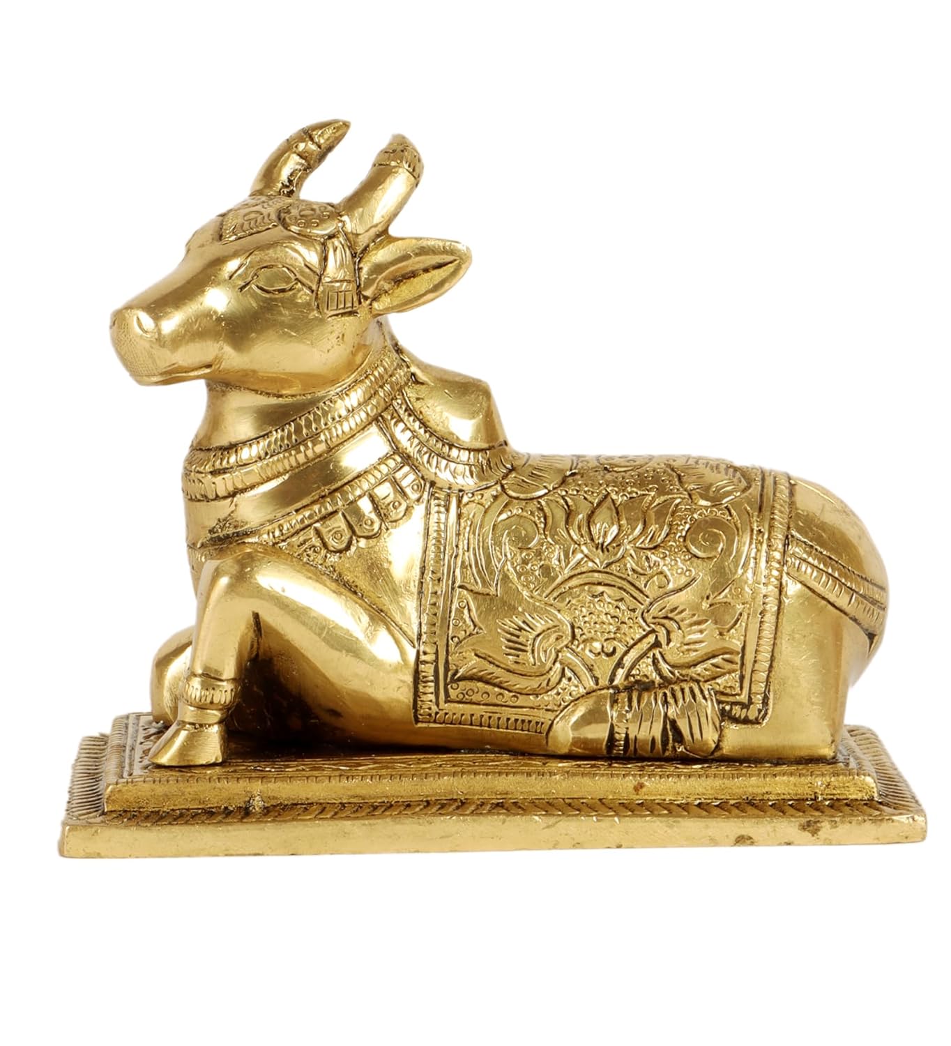 

Gold Nandi Cow Over Base Statue, Lord Shiva Nandi Idol, Golden, Brass - 5 Inch