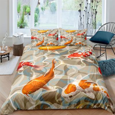 Bettbezug-Set mit goldenen Fischen, Kingsize-Bettbezug, 3D-Druck, orangefarbene Fische, Glücksbringer für Kinder, Jungen, Mädchen, Männer, Polyester-Bettwäsche-Set