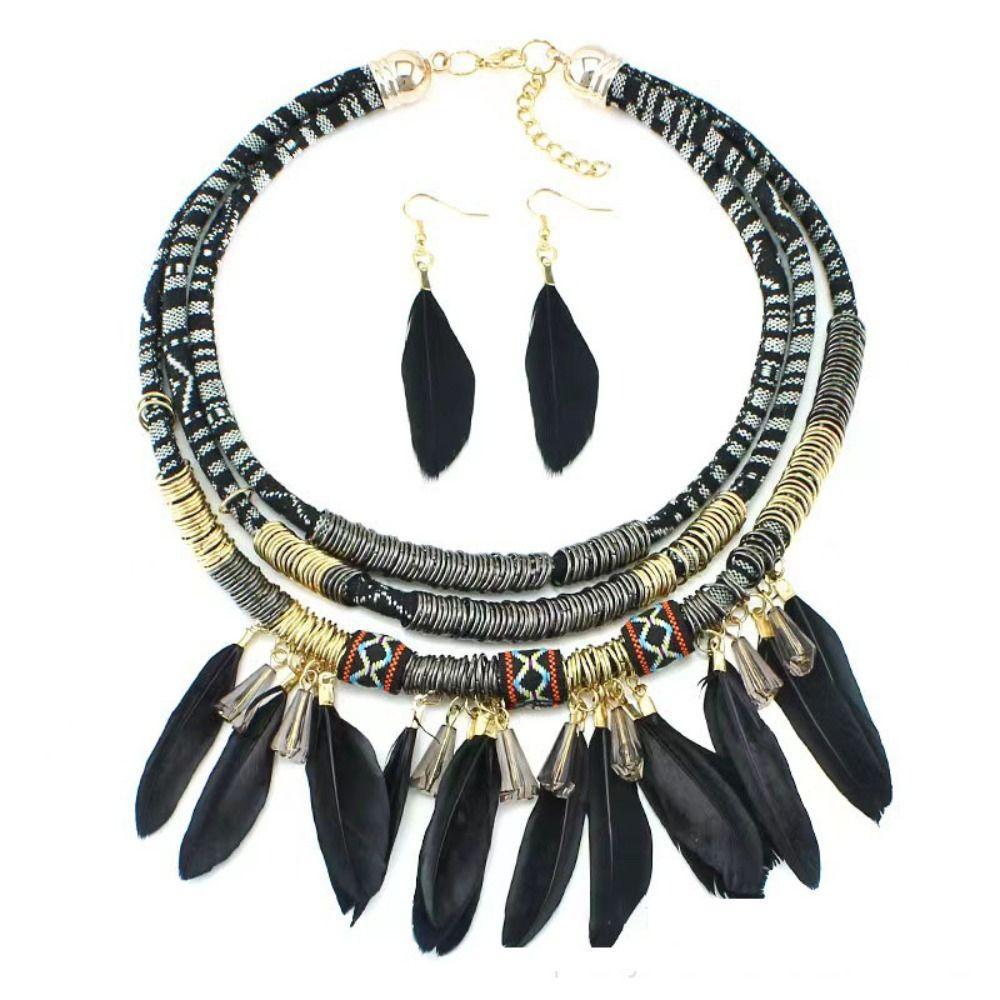 Metal Ethnic Necklace Hand Woven Necklace Earrings Set Vintage Feather Choker  Women