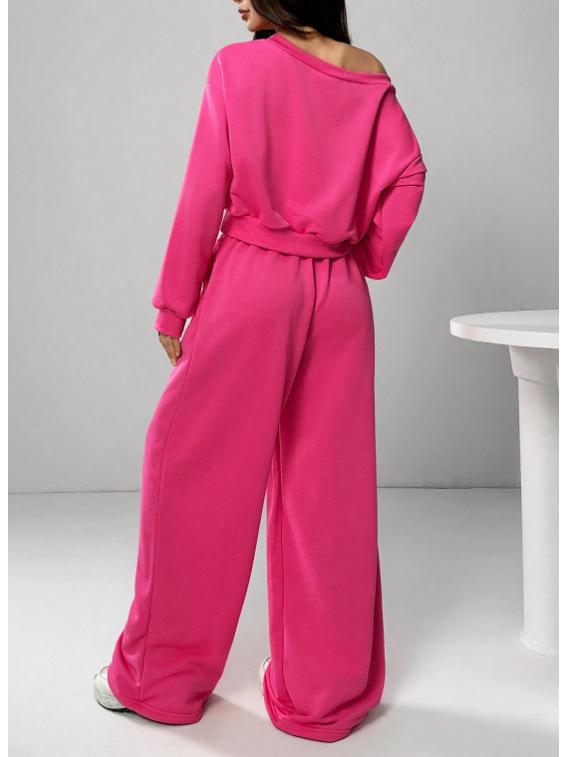 Women's Casual Solid Color Off-Shoulder Knit Sweatshirt Set