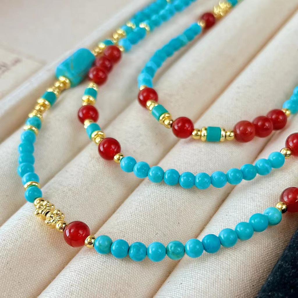 Vintage Artificial Turquoise Natural Chalcedony Collarbone Chain Necklace