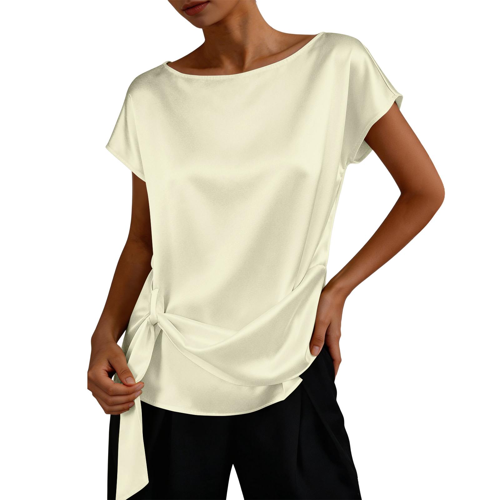 Women s Elegant Casual Round Neck Fashion Tie-front Shirt Top L бежевый