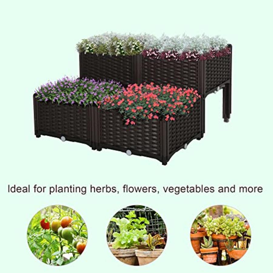 4 Piece Raised Garden Bed with Legs Planter Box Brown for Growing Flowers Herbs Vegetables Durable Wood Design with Elevated Su