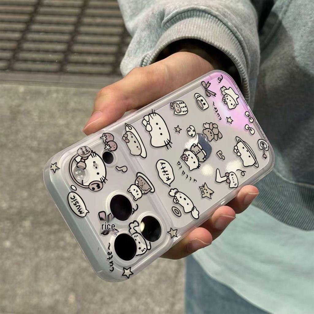 Transparent Bear Hello Kitty Phone Case with Integrated Button for Apple 17 Pro Max/16 Pro/15/14