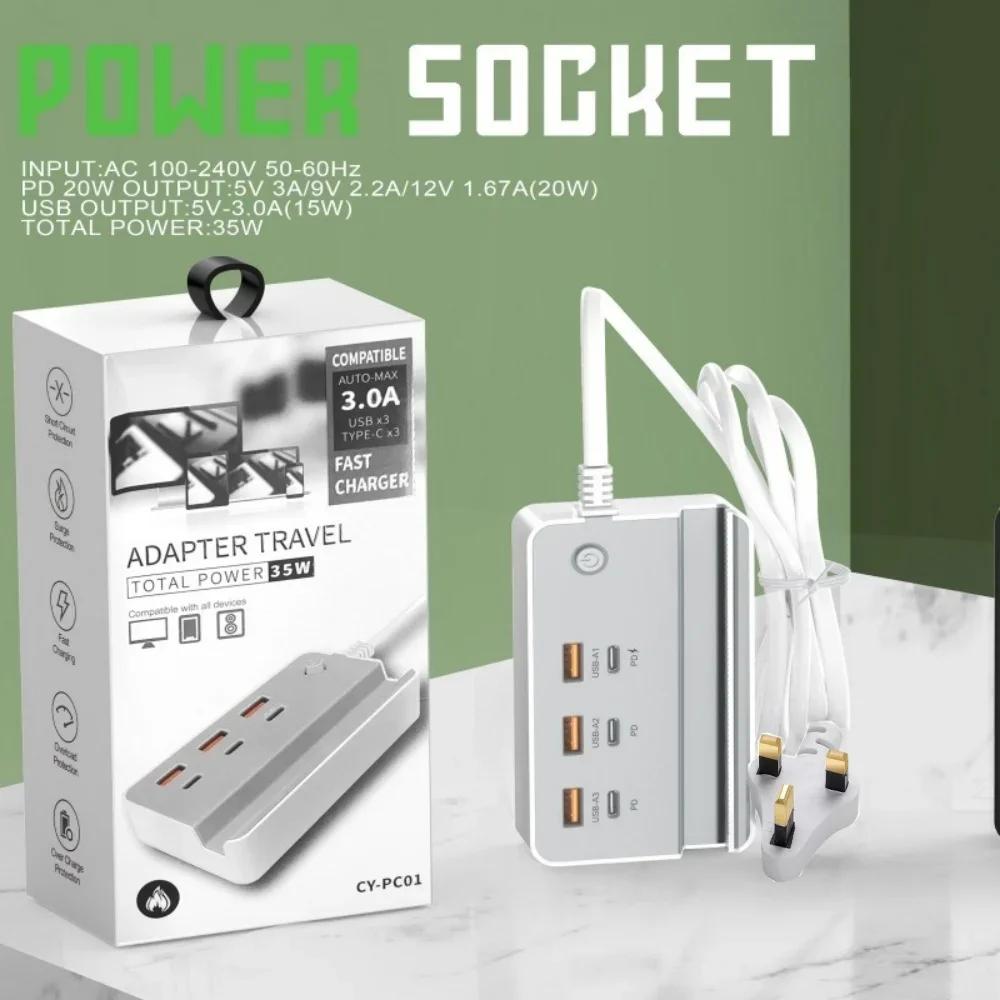 

Розетка для заряджання телефону USB Type C 35 Вт 6 портів Швидка зарядка Настільний подовжувач живлення з тримачем для телефону для iPhone Samsung Xiaomi 3USB 3PD UK White