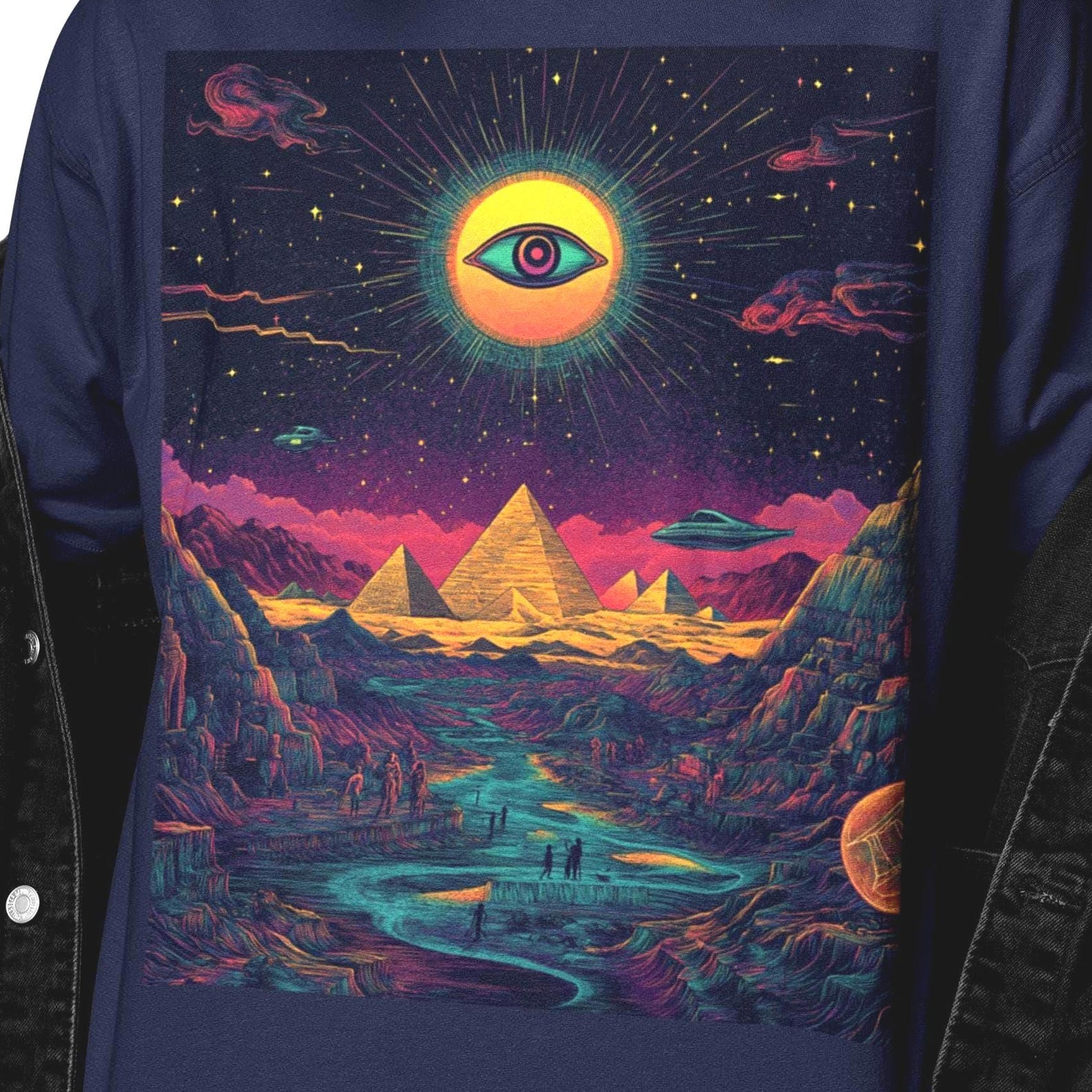 UFO Pyramids Shirt | Surreal Cosmic Eye Ancient Egypt Tee | Trippy Egyptian Apparel S