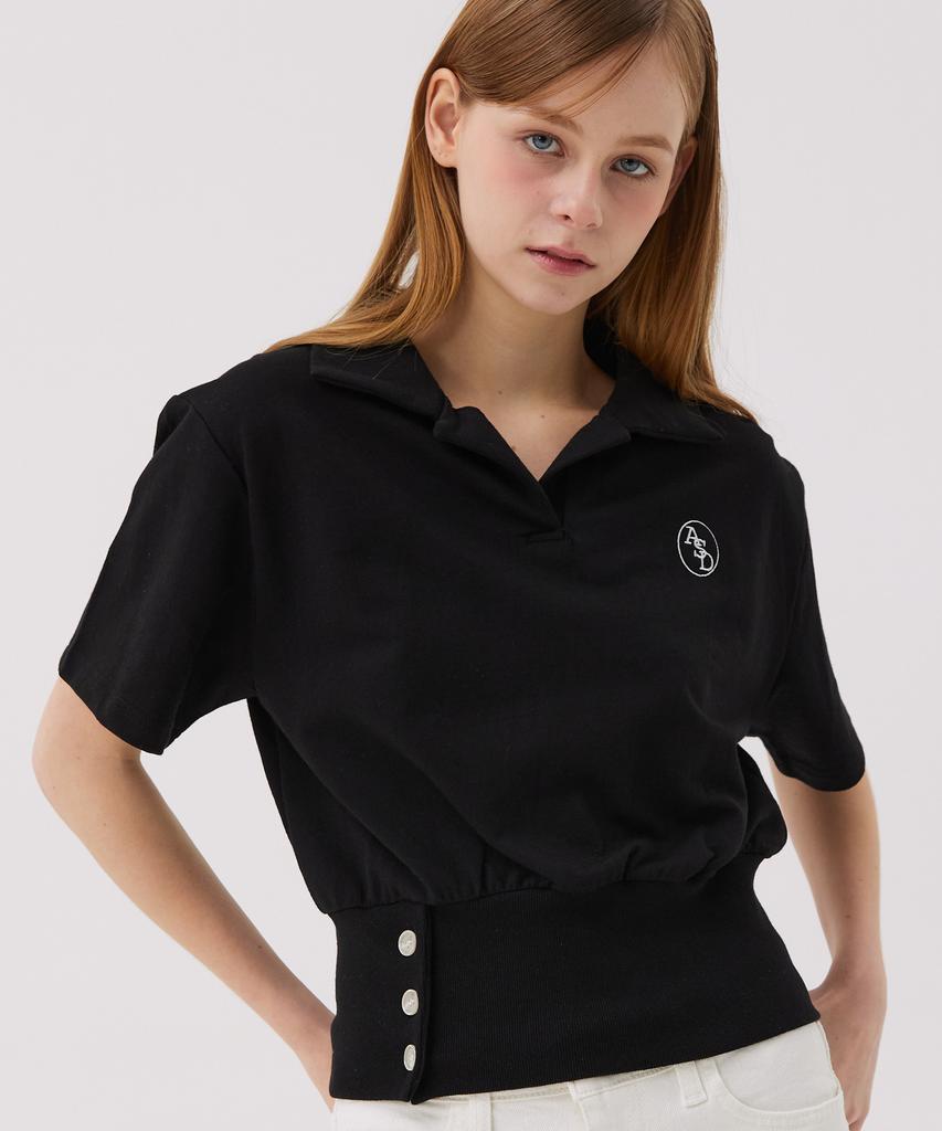 AWESOME STUDIO Button Detail Collared Short Sleeve T-Shirt Black